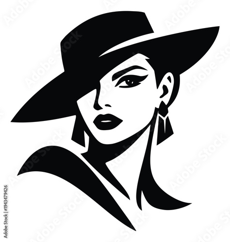 Silhouette illustration of elegant woman depicting a stylish portrait with wide brim hat and earrings for fashion design