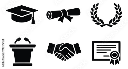 Silhouette icon set of 6 graduation and achievement symbols featuring mortarboard, diploma, handshake, podium, laurel wreath and certificate for education design