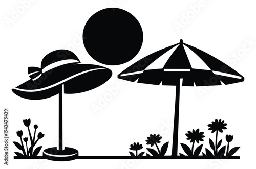 Silhouette illustration of summer beach scene depicting sun hat umbrella and flowers for seasonal vacation design