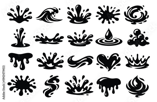 Silhouette icon set of 20 water splash shapes featuring drops, waves, drips and crown splashes for fluid design