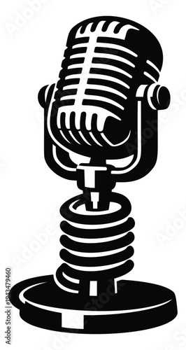 Retro engraving illustration of a vintage studio microphone depicting classic broadcast equipment for music and podcast design