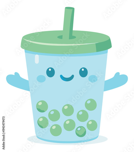 Cartoon illustration of cute bubble tea cup character depicting happy kawaii drink mascot for food and beverage design