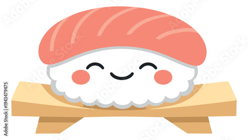 Cartoon illustration of cute kawaii sushi nigiri depicting a smiling face character sitting on a wooden board for food and restaurant design