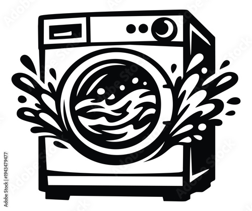 Bold cartoon illustration of a washing machine depicting water splashing and spinning cycle for laundry and appliance design