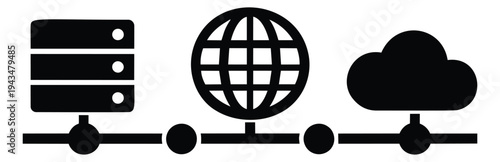 Flat silhouette illustration of network infrastructure depicting server globe and cloud connected on a data line for technology design