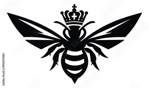 Silhouette illustration of queen bee depicting crowned insect with spread wings for royal honey brand design
