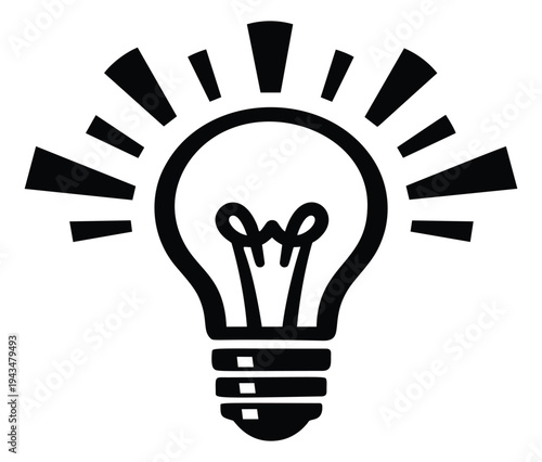 Bold outline illustration of a glowing light bulb depicting rays of light and filament detail for idea and innovation design