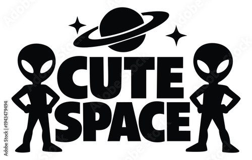 Silhouette illustration of cute space aliens depicting cartoon extraterrestrial characters with planet and stars for kids design