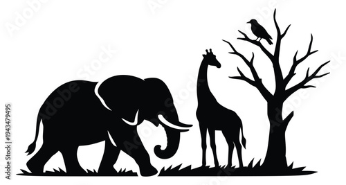 Silhouette illustration of African safari scene depicting elephant giraffe and bird by a bare tree for wildlife and nature design
