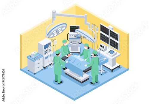Isometric operating room scene with surgeons performing a delicate medical procedure on a patient