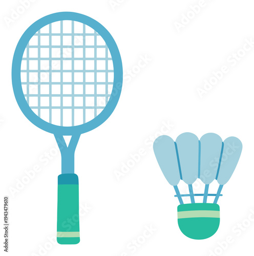 Flat illustration of badminton racket and shuttlecock depicting sports equipment for recreational activity design