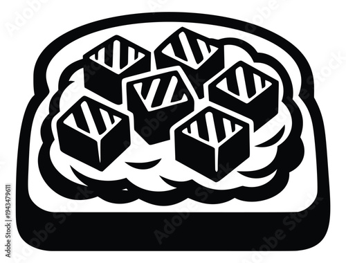 Woodcut illustration of toast topped with scrambled egg cubes depicting comfort food dish for culinary design