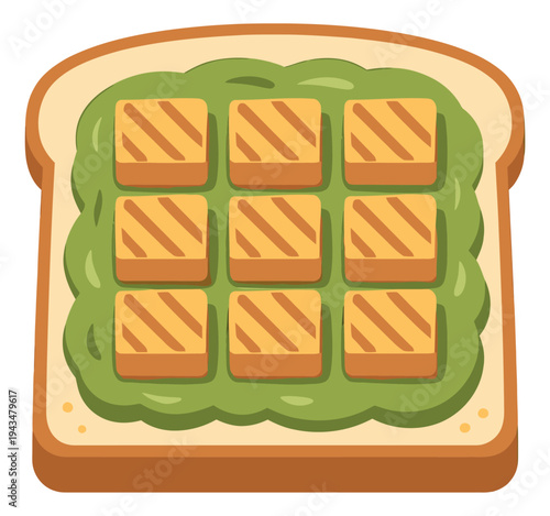 Flat illustration of avocado toast depicting grilled tofu cubes on green spread for food and nutrition design
