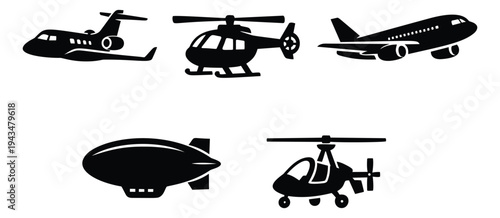 Silhouette icon set of 5 aircraft types featuring jet plane, helicopter, airliner, blimp and gyrocopter for aviation design