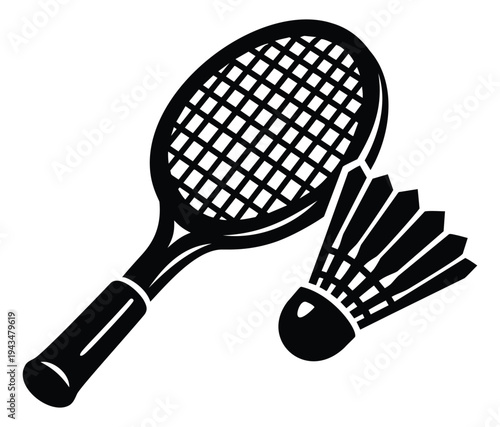 Silhouette illustration of badminton racket and shuttlecock depicting sport equipment for recreation and fitness design