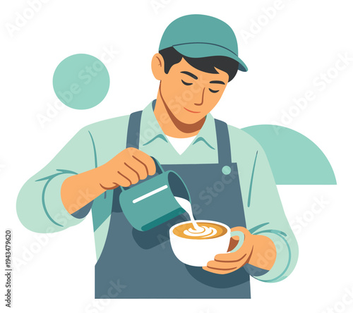 Flat illustration of a barista depicting latte art pouring technique for coffee shop and cafe design