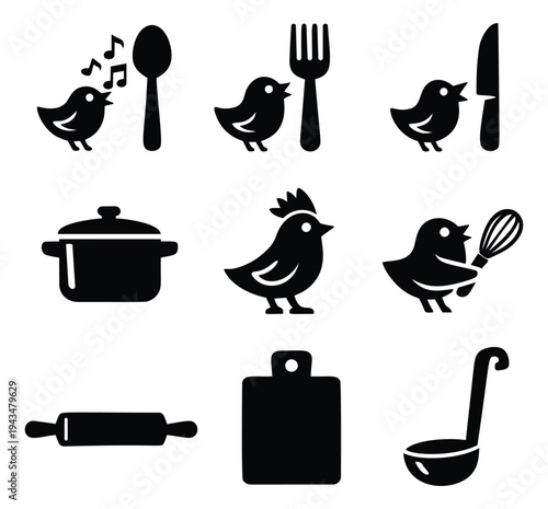 Silhouette icon set of 9 cooking and bird characters featuring kitchen utensils, cookware and cute chicks for culinary design