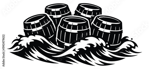 Woodcut illustration of wooden barrels floating on ocean waves depicting maritime cargo for nautical and vintage design