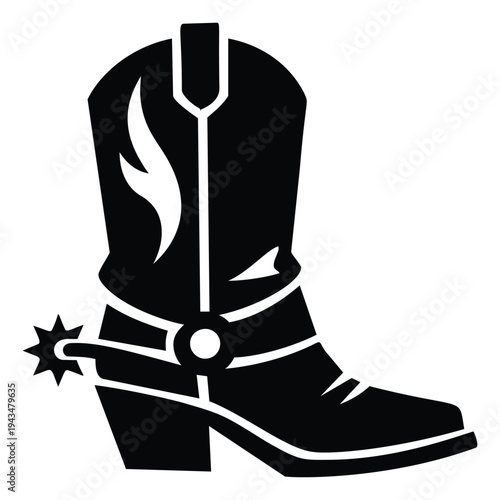Silhouette illustration of a cowboy boot depicting western style footwear with spur and flame detail for country and rodeo design