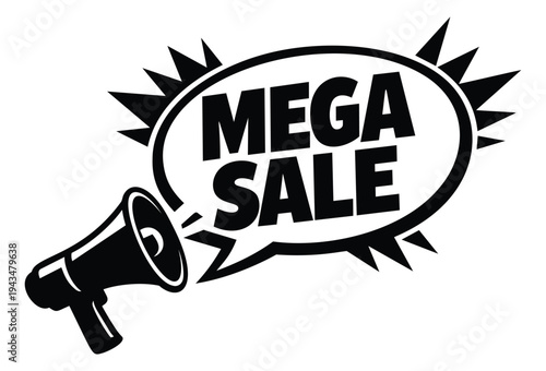 Bold silhouette illustration of megaphone with speech bubble depicting mega sale announcement for retail and marketing design