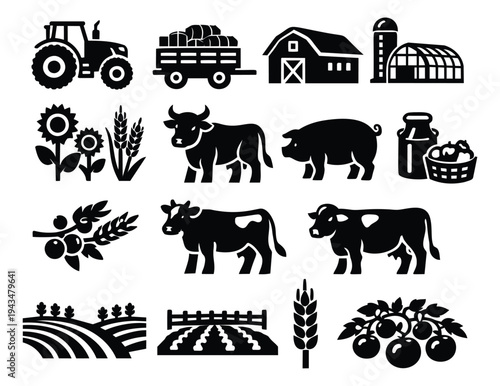 Silhouette icon set of 14 farm and agriculture symbols featuring tractor, barn, livestock, crops and rural elements for farming design