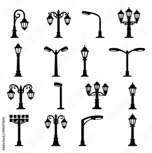 Silhouette icon set of 16 street lamps featuring vintage lanterns, modern poles and decorative lighting fixtures for urban design