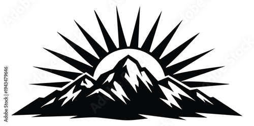 Bold silhouette illustration of mountain range with rising sun depicting sunburst rays for outdoor and adventure design