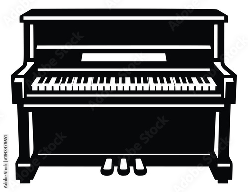 Silhouette illustration of upright piano depicting classic keyboard instrument for music and entertainment design