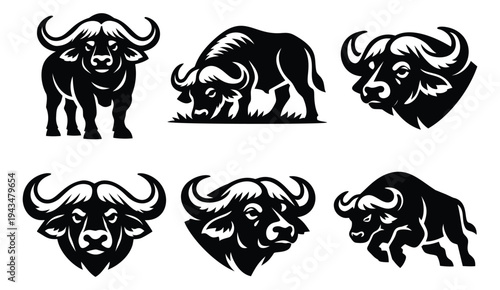 Silhouette icon set of 6 buffalo designs featuring full body poses and head portraits for sports and wildlife branding