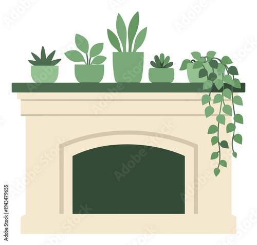 Flat illustration of a decorative fireplace depicting a mantel display with potted houseplants for home interior design