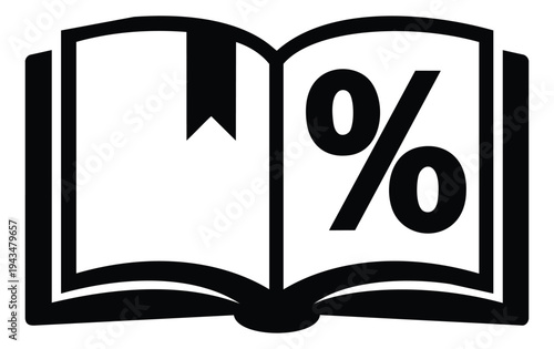 Flat silhouette illustration of open book with percentage symbol depicting financial literacy and discount concepts for education and business design