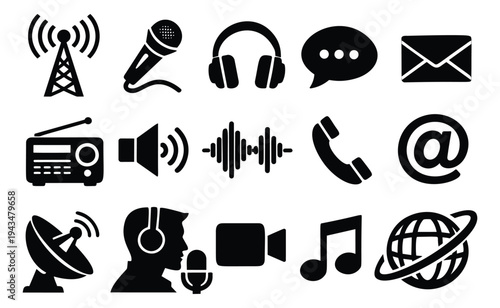 Flat icon set of 15 communication symbols featuring radio, microphone, headphones, telephone and media elements for broadcast and technology design