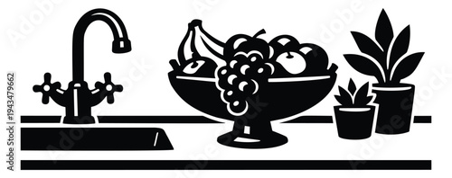 Silhouette illustration of kitchen countertop depicting fruit bowl sink and potted plants for home and food design