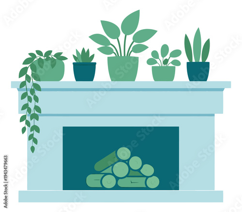 Flat illustration of a fireplace mantel depicting potted houseplants on shelf with stacked firewood for home decor design