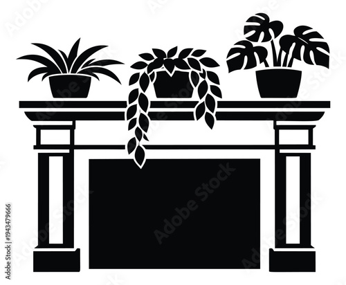 Silhouette illustration of a fireplace mantel depicting decorative houseplants on shelf for home and interior design