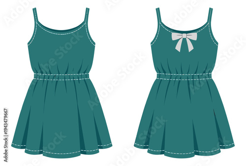 Flat illustration of teal spaghetti strap mini dress depicting front and back views with bow detail for fashion design