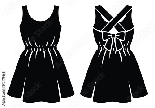 Silhouette illustration of black mini dress depicting front and back views with crossback straps and bow detail for fashion design