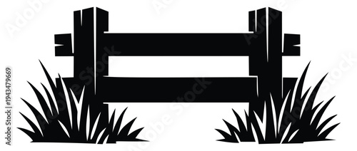 Silhouette illustration of a wooden ranch fence depicting rustic countryside barrier with grass for farm and outdoor design