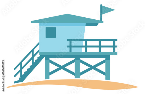 Flat illustration of a beach lifeguard station depicting a raised wooden tower with flag and staircase for summer and travel design