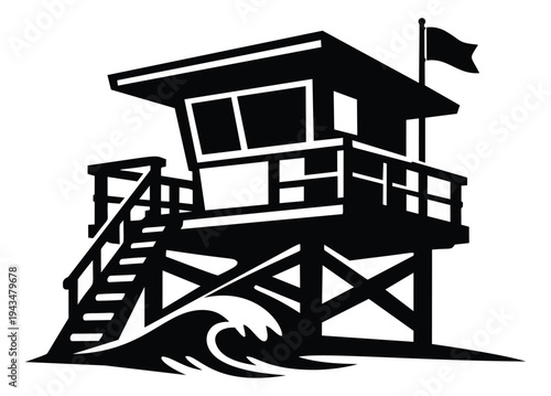 Silhouette illustration of a lifeguard tower depicting a beach rescue station with waves and flag for summer and coastal design