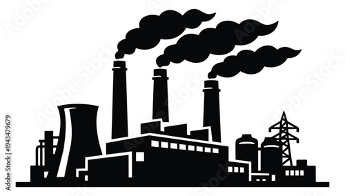 Silhouette illustration of industrial factory depicting smokestacks and pollution for environmental and energy design