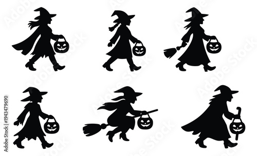 Silhouette set of 6 Halloween witch characters featuring trick or treat poses and broomstick flying for holiday design
