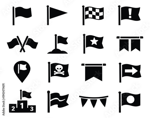 Silhouette icon set of 16 flag symbols featuring racing, pirate, location pin, pennant and victory podium designs for web and app use