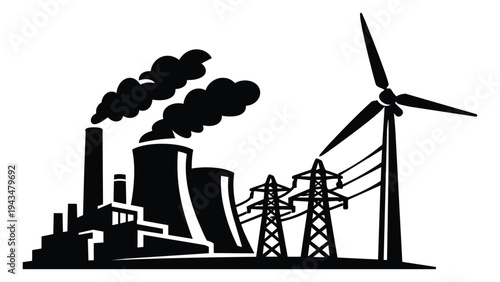Silhouette illustration of power industry depicting coal plant wind turbine and electricity pylons for energy and environment design