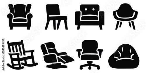 Silhouette icon set of 8 chair types featuring armchair, recliner, rocker, office and bean bag designs for furniture and interior design