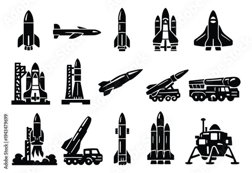 Silhouette icon set of 14 rockets and missiles featuring launch pads, space shuttles and military vehicles for aerospace design