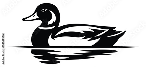 Silhouette illustration of a mallard duck depicting a bird floating on water for wildlife and nature design