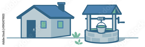 Flat illustration of a house and water well depicting rural property and traditional water source for real estate and agriculture design