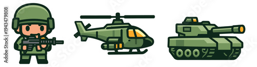 Cartoon icon set of 3 military elements featuring soldier, helicopter and tank for game and defense design