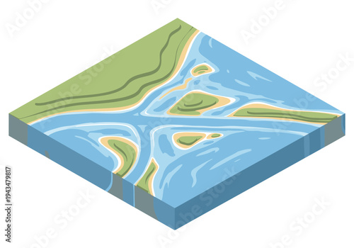 Isometric view of a river delta with islands and coastline, showing water flow and land formations